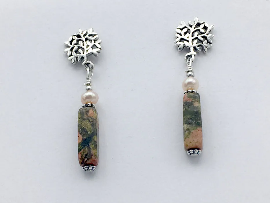 Sterling Silver floral leaf bush stud w/unakite and freshwater pearl dangle Earrings-garden, gardener