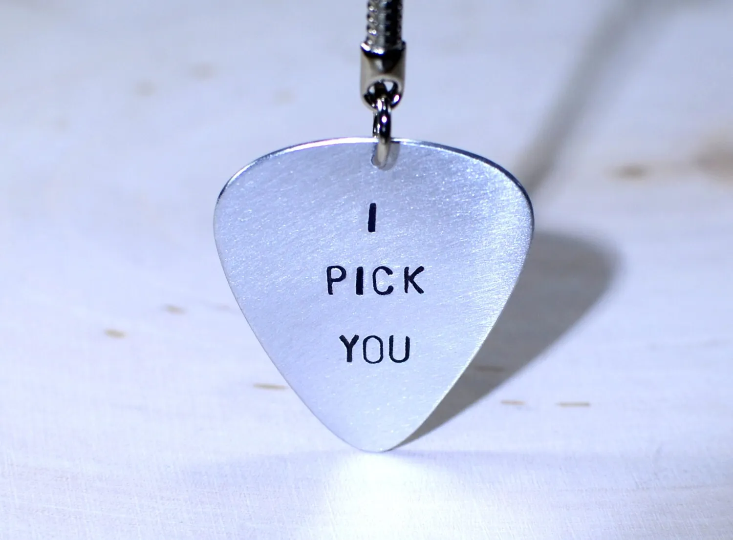 Sterling silver guitar pick key chain with I pick you