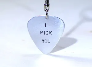 Sterling silver guitar pick key chain with I pick you