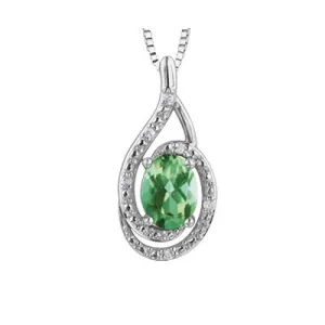 Sterling Silver Rhodium Plated (May) Birthstone Emerald and Diamond Pendant