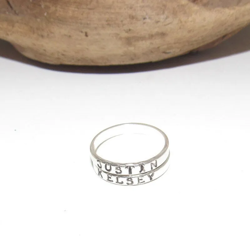 sterling silver skinny stacking name ring set, personalized name jewelry, hand stamped jewelry, Anniversary gift for mom