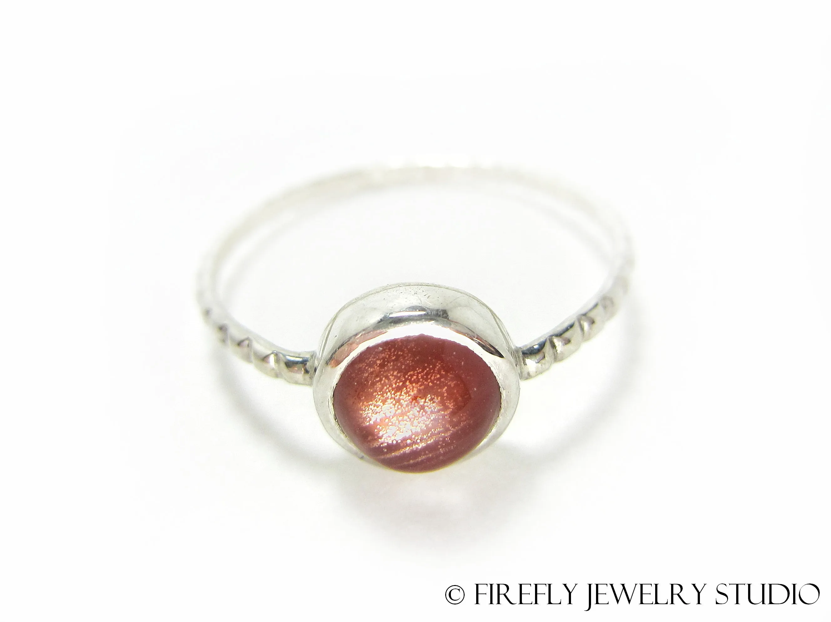 Strawberry Sunstone Solitaire Stacking Ring. Size 8