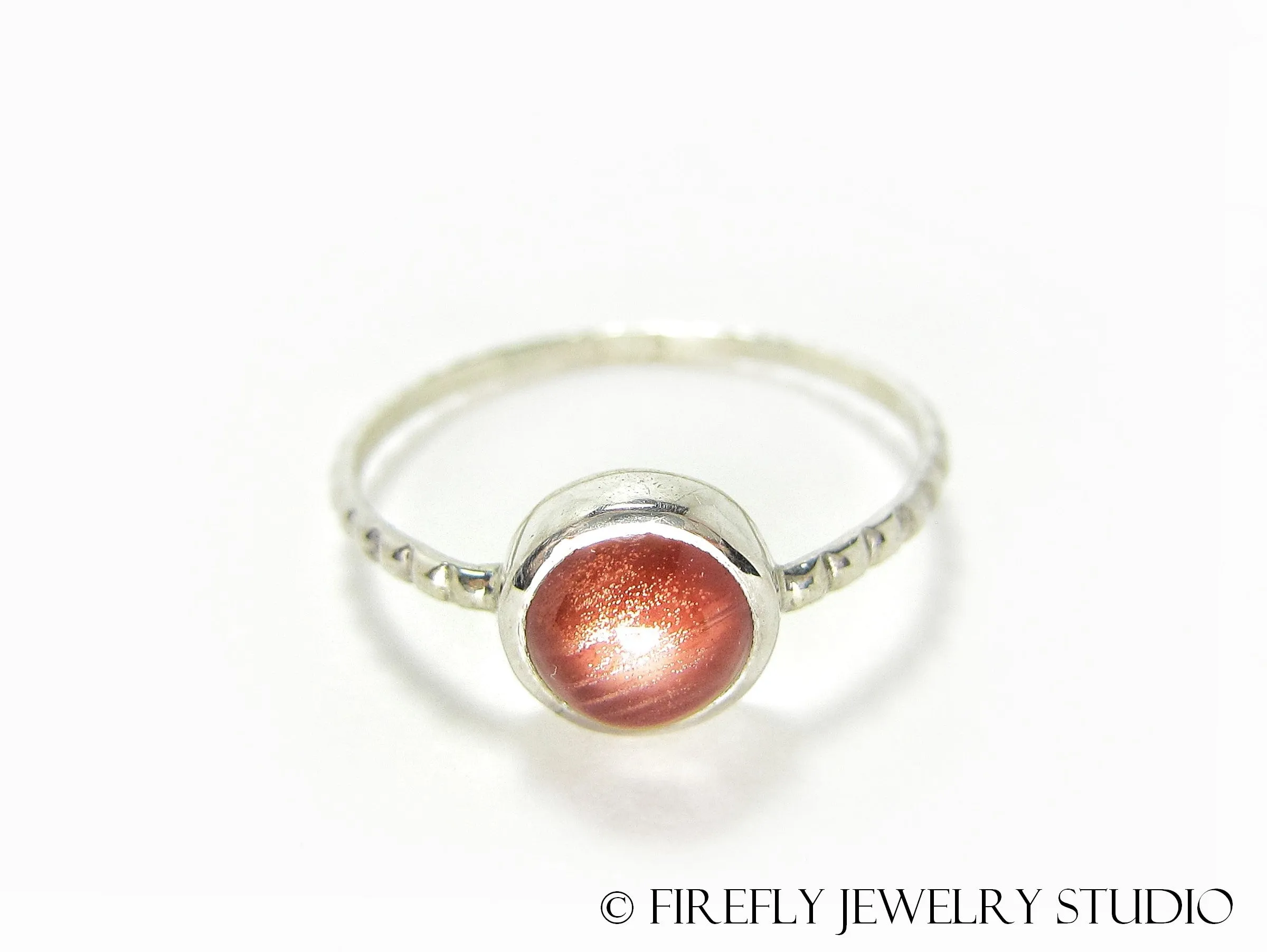 Strawberry Sunstone Solitaire Stacking Ring. Size 8