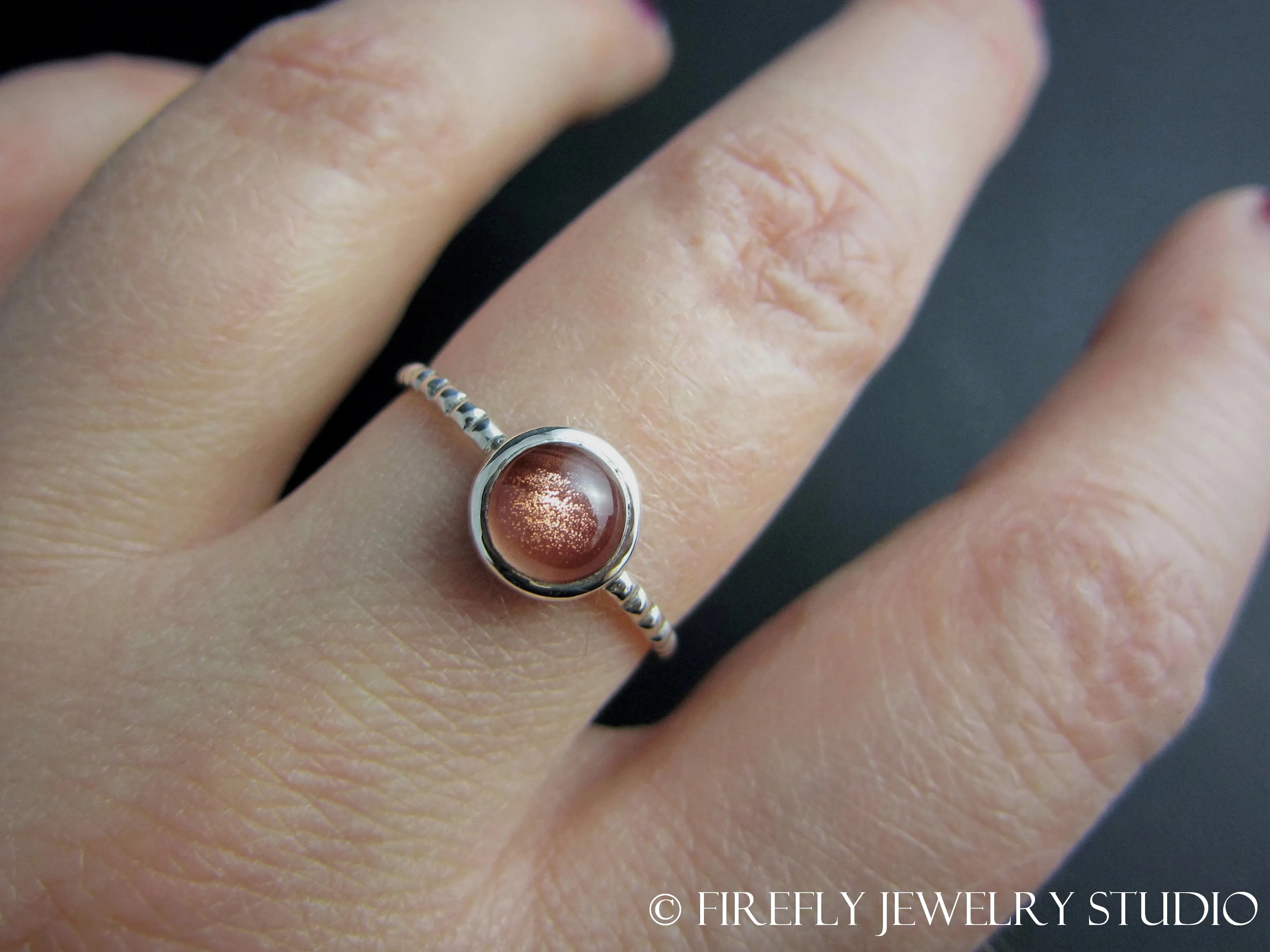 Strawberry Sunstone Solitaire Stacking Ring. Size 8