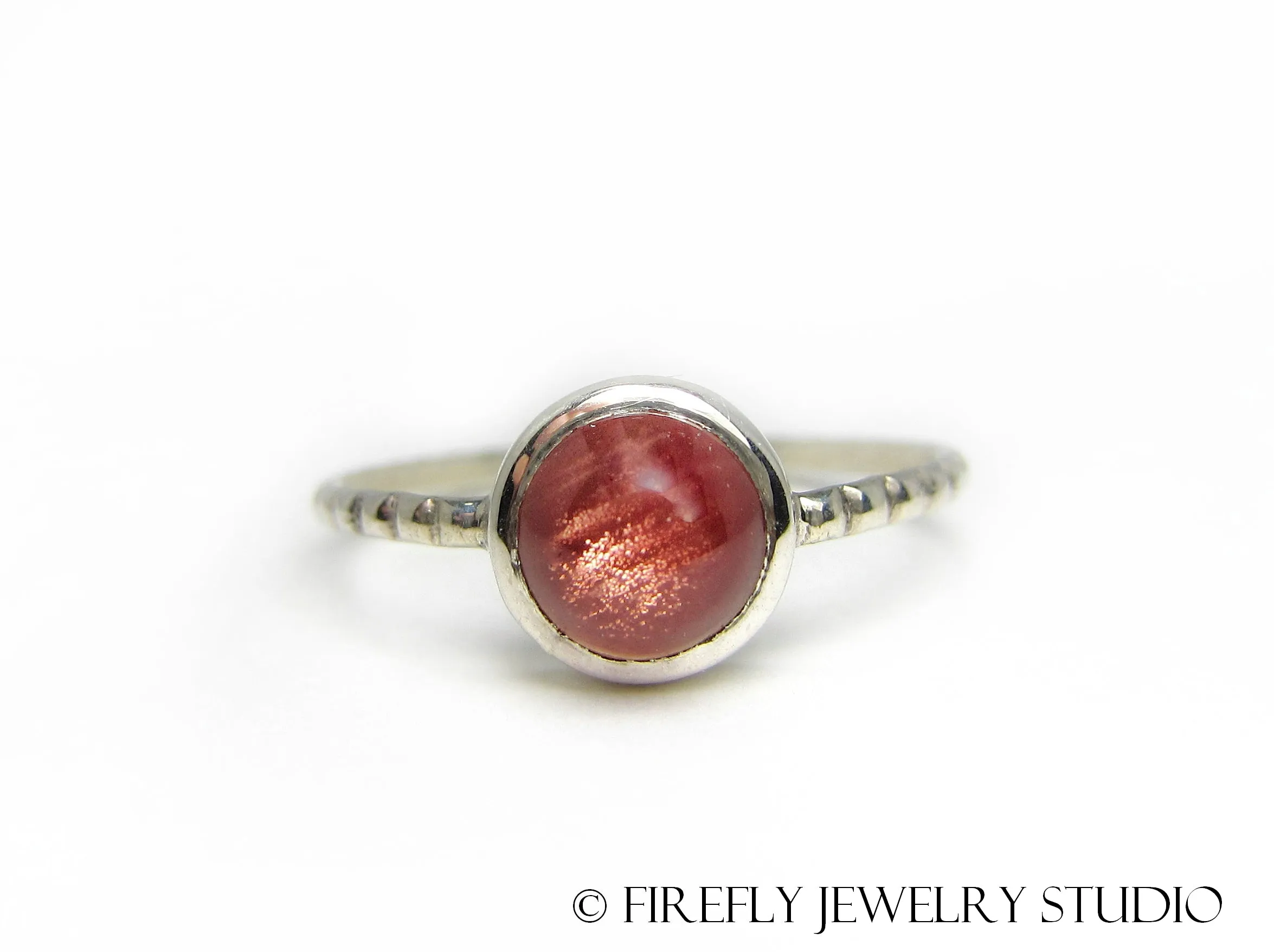 Strawberry Sunstone Solitaire Stacking Ring. Size 8