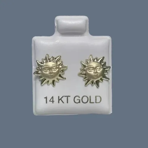 Sun Stud Earrings 14K Solid Yellow Gold With Safety Backing