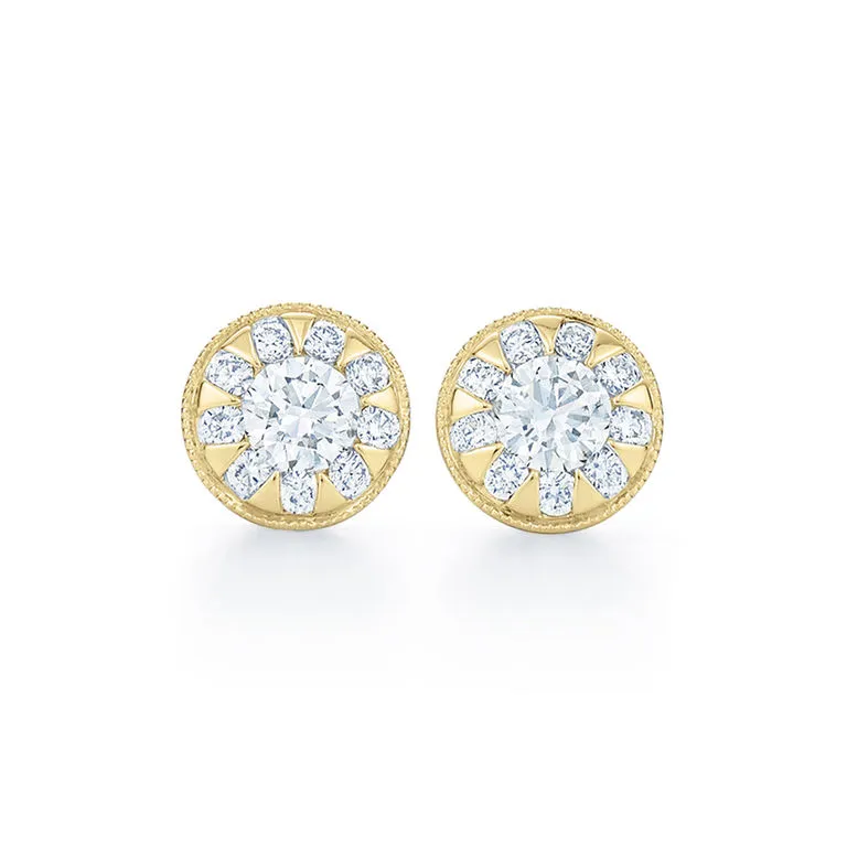 Sunburst Round Diamond Stud Earrings with a Milgrain Edge
