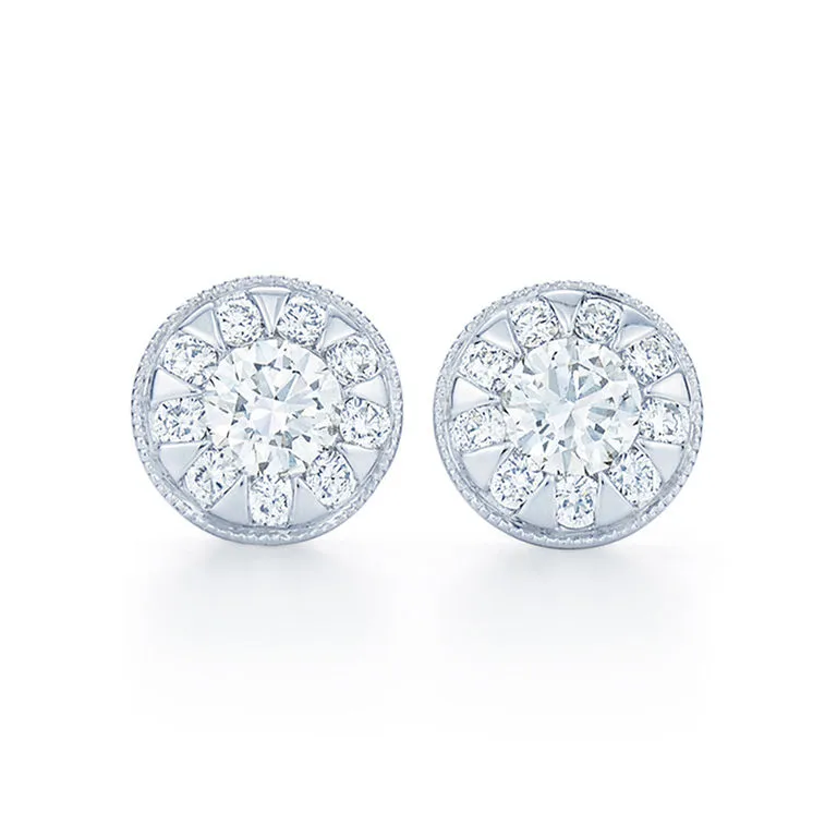 Sunburst Round Diamond Stud Earrings with a Milgrain Edge
