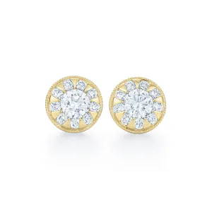 Sunburst Round Diamond Stud Earrings with a Milgrain Edge