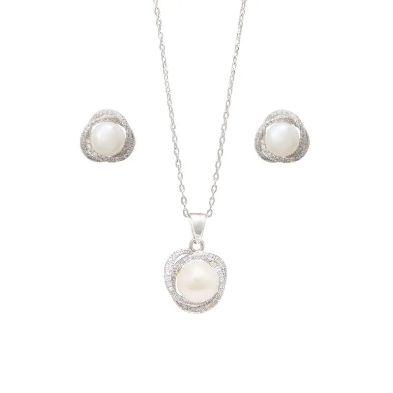 Synthetic Pearl Stud Earrings and Necklace With Cubic Zirconia Set in Sterling Silver