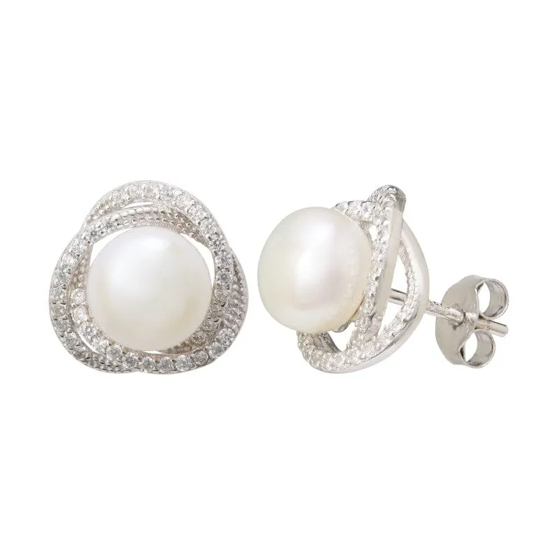 Synthetic Pearl Stud Earrings and Necklace With Cubic Zirconia Set in Sterling Silver
