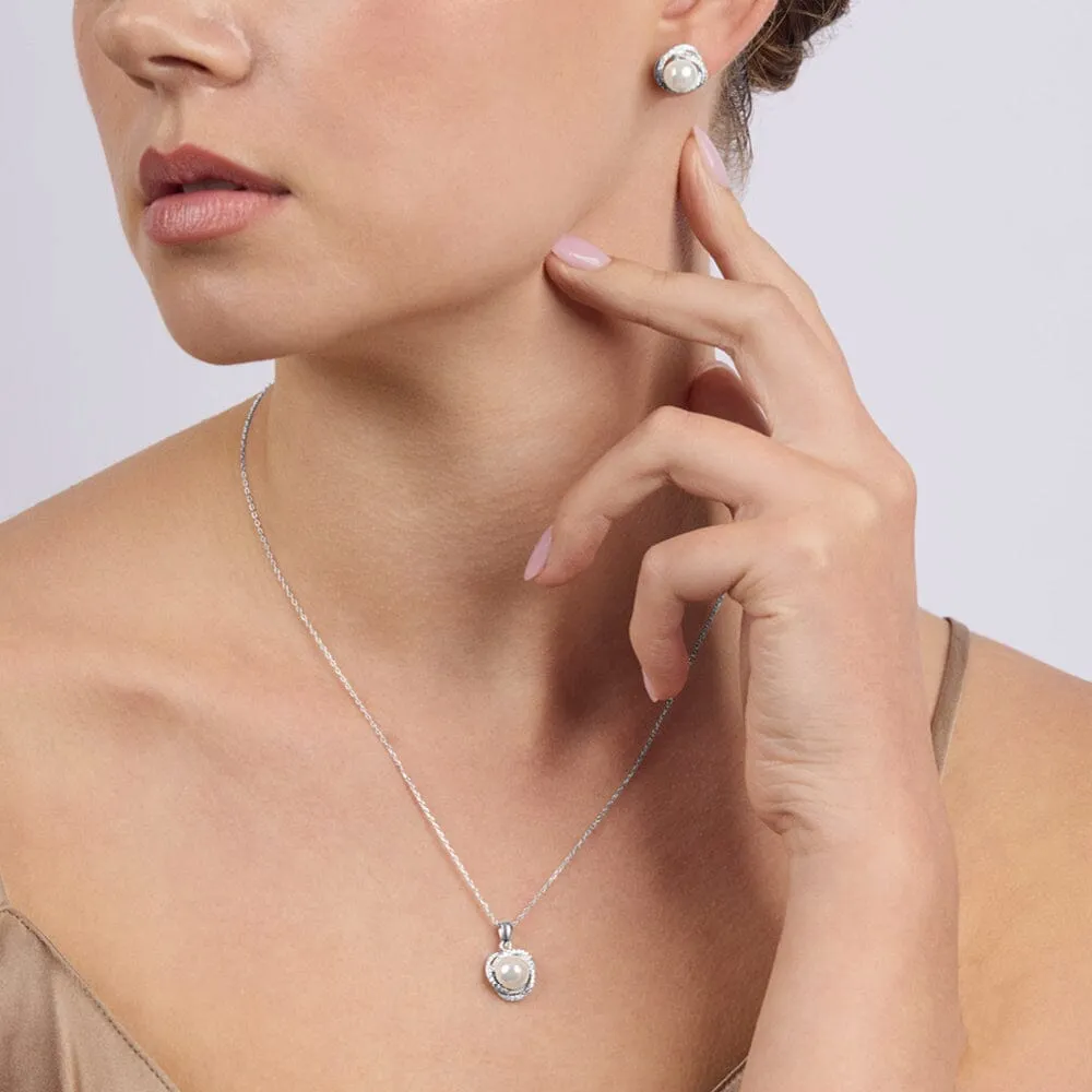 Synthetic Pearl Stud Earrings and Necklace With Cubic Zirconia Set in Sterling Silver