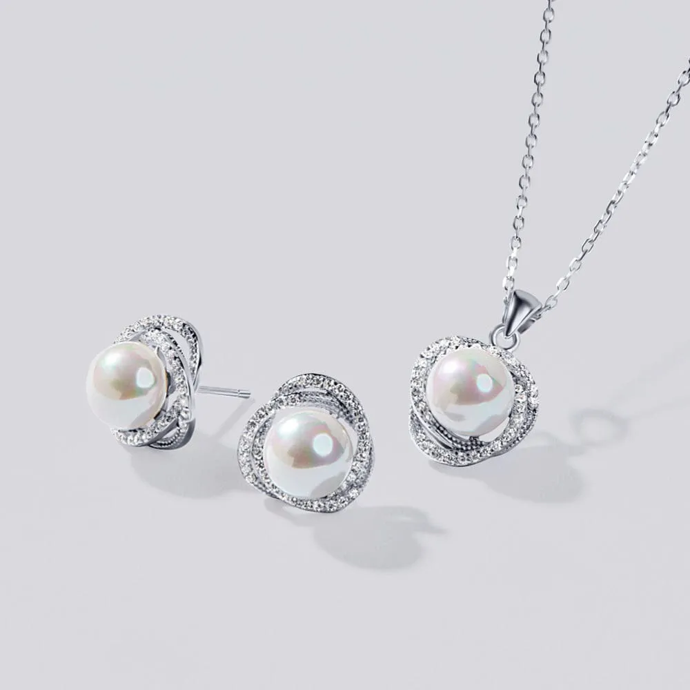 Synthetic Pearl Stud Earrings and Necklace With Cubic Zirconia Set in Sterling Silver