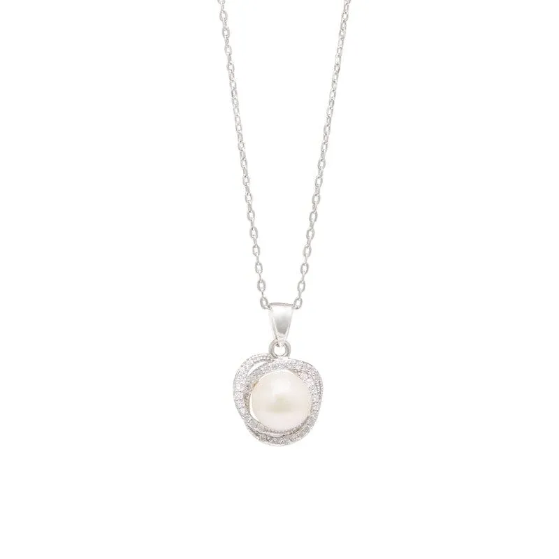 Synthetic Pearl Stud Earrings and Necklace With Cubic Zirconia Set in Sterling Silver