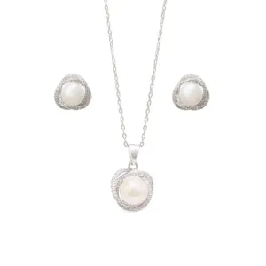 Synthetic Pearl Stud Earrings and Necklace With Cubic Zirconia Set in Sterling Silver