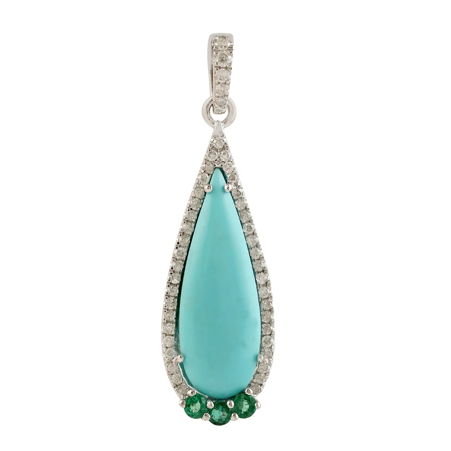 Teardrop Turquoise Gemstone Emerald Pave Diamond In White Gold Pendant