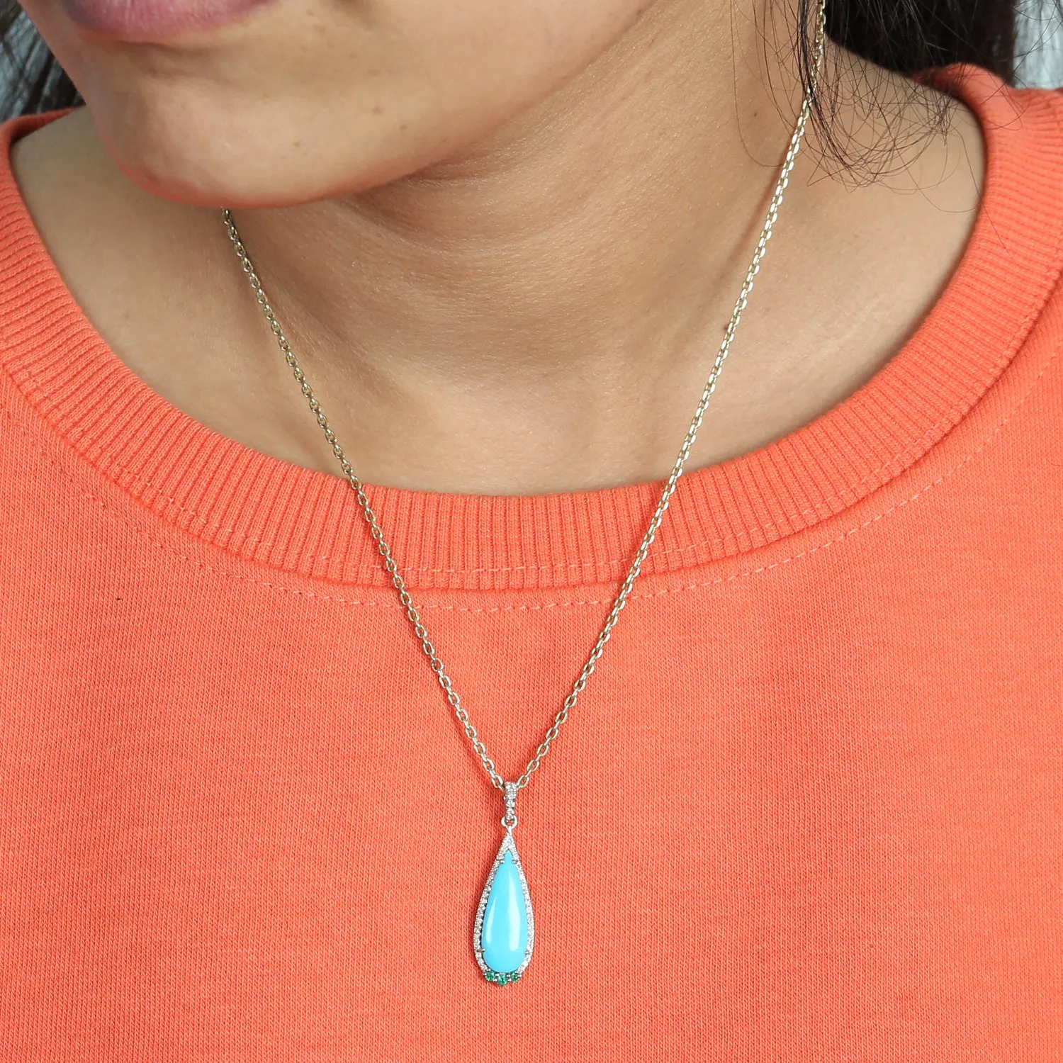 Teardrop Turquoise Gemstone Emerald Pave Diamond In White Gold Pendant