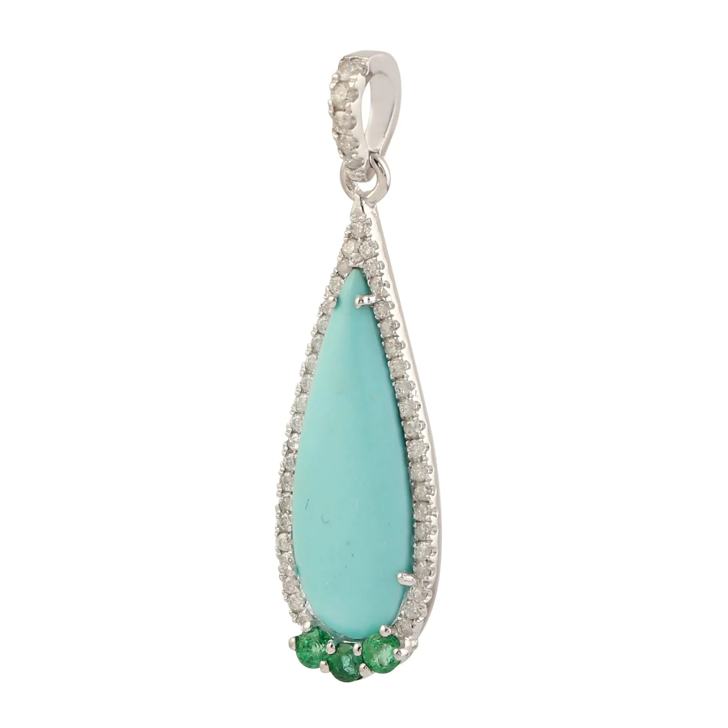 Teardrop Turquoise Gemstone Emerald Pave Diamond In White Gold Pendant