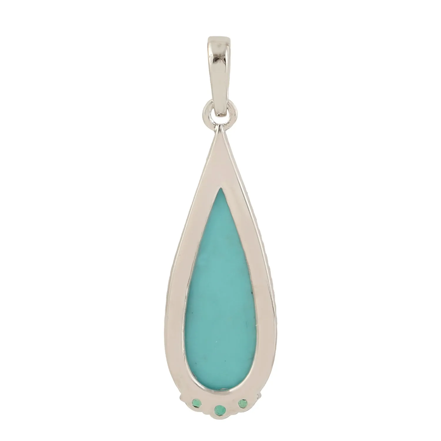 Teardrop Turquoise Gemstone Emerald Pave Diamond In White Gold Pendant