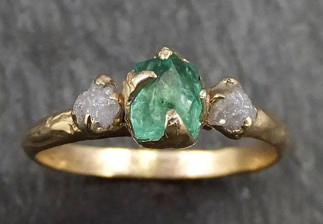 three raw stone diamond emerald engagement ring 14k gold multi stone wedding ring uncut birthstone stacking ring rough diamond ring byangeline 0415 Alternative Engagement