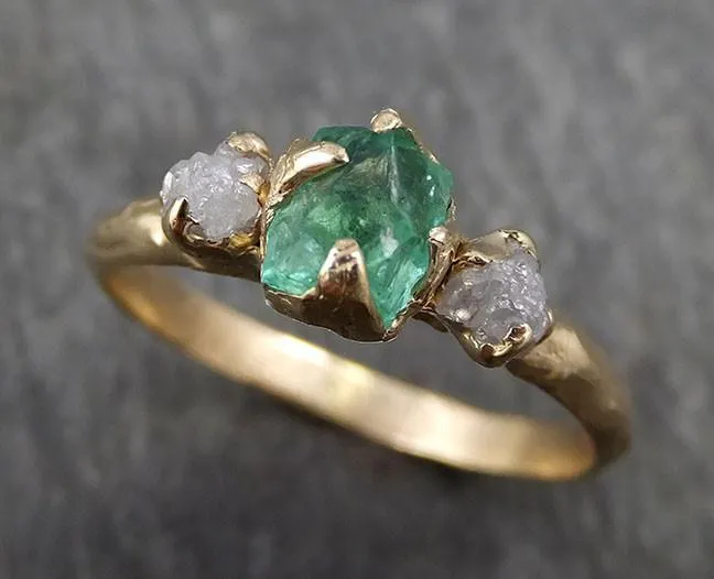 three raw stone diamond emerald engagement ring 14k gold multi stone wedding ring uncut birthstone stacking ring rough diamond ring byangeline 0415 Alternative Engagement
