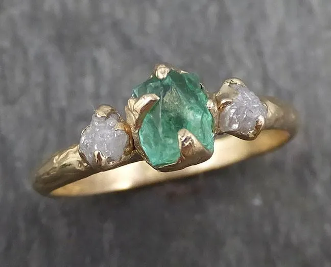 three raw stone diamond emerald engagement ring 14k gold multi stone wedding ring uncut birthstone stacking ring rough diamond ring byangeline 0415 Alternative Engagement