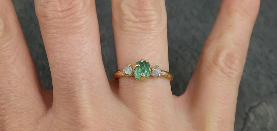 three raw stone diamond emerald engagement ring 14k gold multi stone wedding ring uncut birthstone stacking ring rough diamond ring byangeline 0415 Alternative Engagement