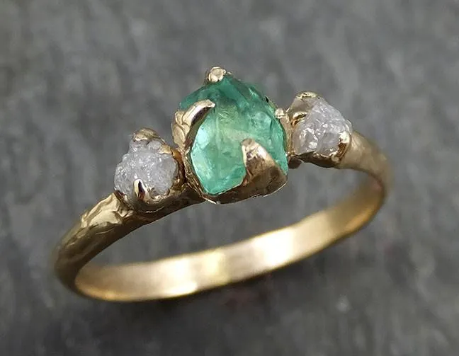 three raw stone diamond emerald engagement ring 14k gold multi stone wedding ring uncut birthstone stacking ring rough diamond ring byangeline 0415 Alternative Engagement