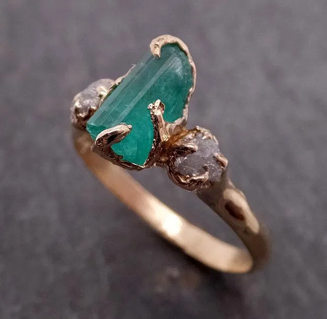 three raw stone diamond emerald engagement ring 14k gold multi stone wedding ring uncut gemstone stacking ring rough diamond ring byangeline 1907 Alternative Engagement