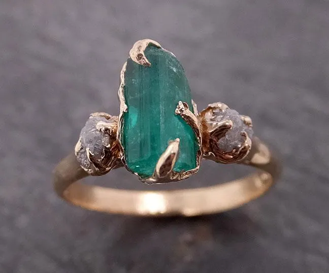 three raw stone diamond emerald engagement ring 14k gold multi stone wedding ring uncut gemstone stacking ring rough diamond ring byangeline 1907 Alternative Engagement