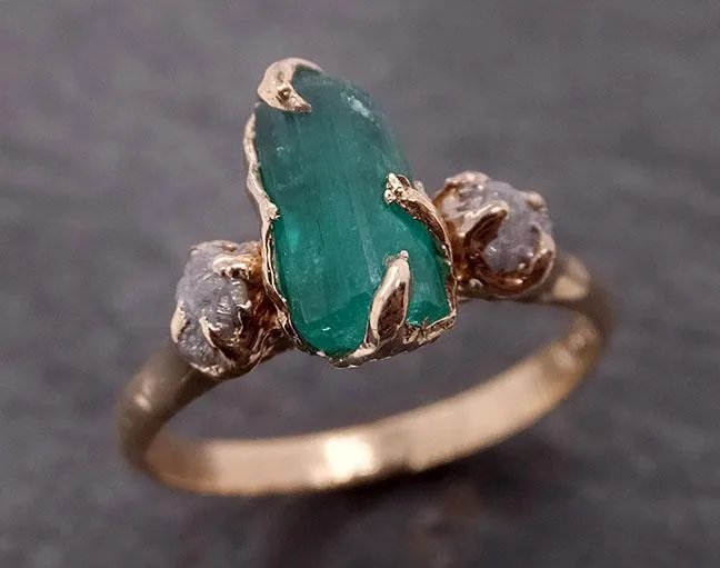 three raw stone diamond emerald engagement ring 14k gold multi stone wedding ring uncut gemstone stacking ring rough diamond ring byangeline 1907 Alternative Engagement