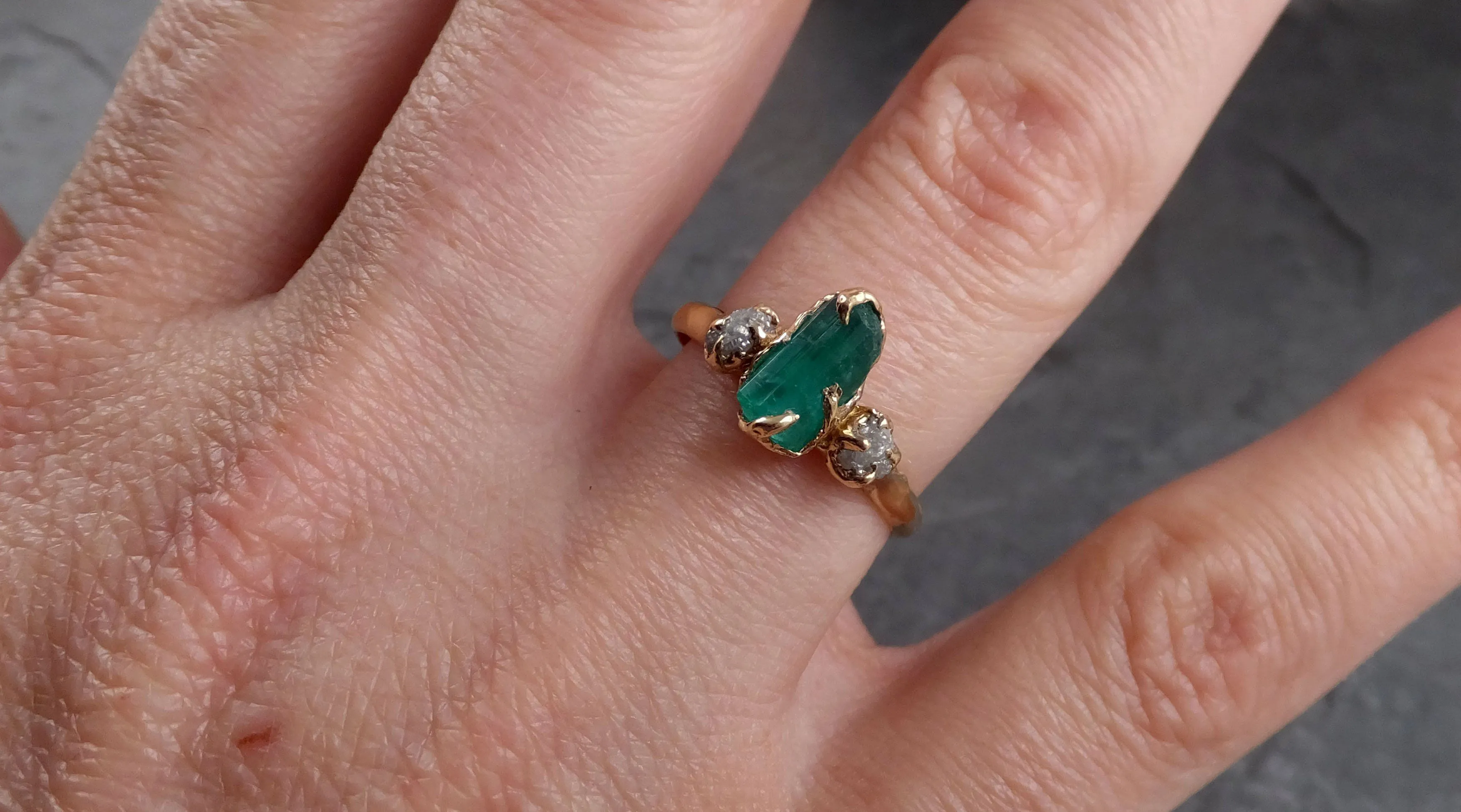 three raw stone diamond emerald engagement ring 14k gold multi stone wedding ring uncut gemstone stacking ring rough diamond ring byangeline 1907 Alternative Engagement