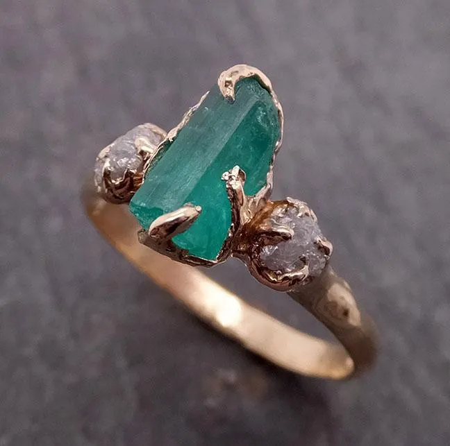 three raw stone diamond emerald engagement ring 14k gold multi stone wedding ring uncut gemstone stacking ring rough diamond ring byangeline 1907 Alternative Engagement
