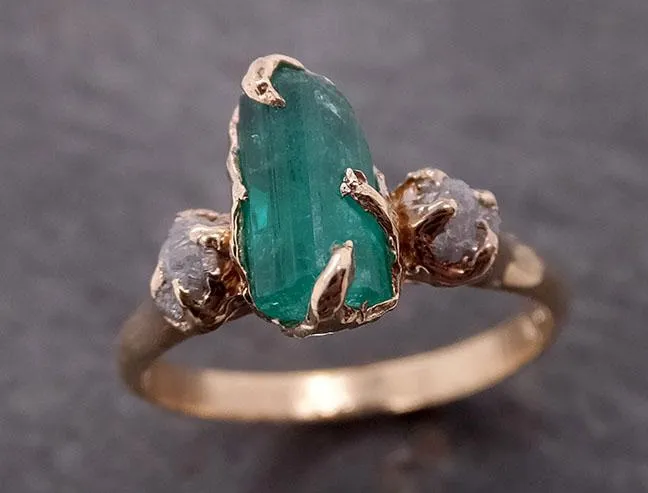 three raw stone diamond emerald engagement ring 14k gold multi stone wedding ring uncut gemstone stacking ring rough diamond ring byangeline 1907 Alternative Engagement