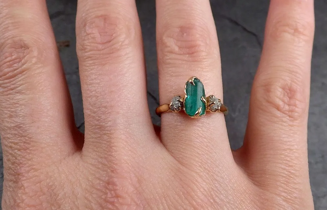 three raw stone diamond emerald engagement ring 14k gold multi stone wedding ring uncut gemstone stacking ring rough diamond ring byangeline 1907 Alternative Engagement