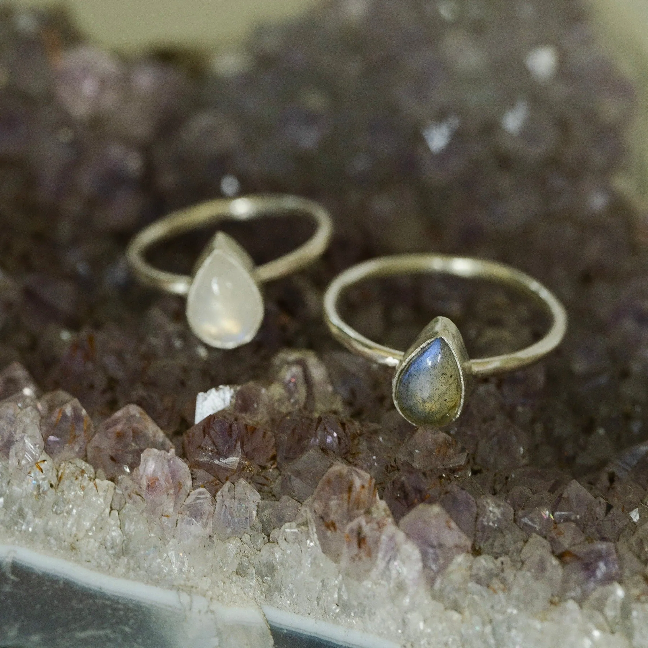 Tiny Teardrop Gemstone Ring in Sterling Silver - Labradorite or Moonstone