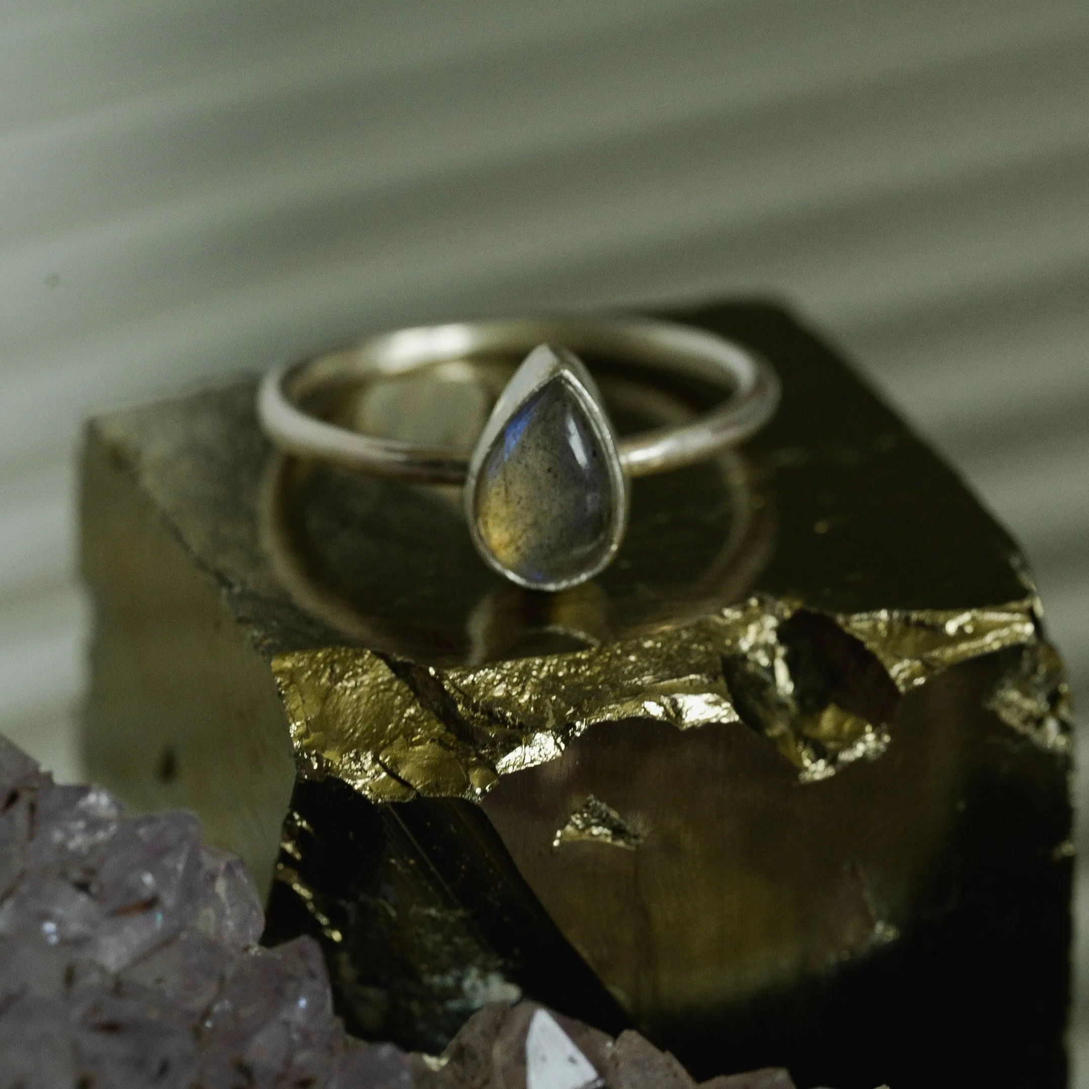 Tiny Teardrop Gemstone Ring in Sterling Silver - Labradorite or Moonstone