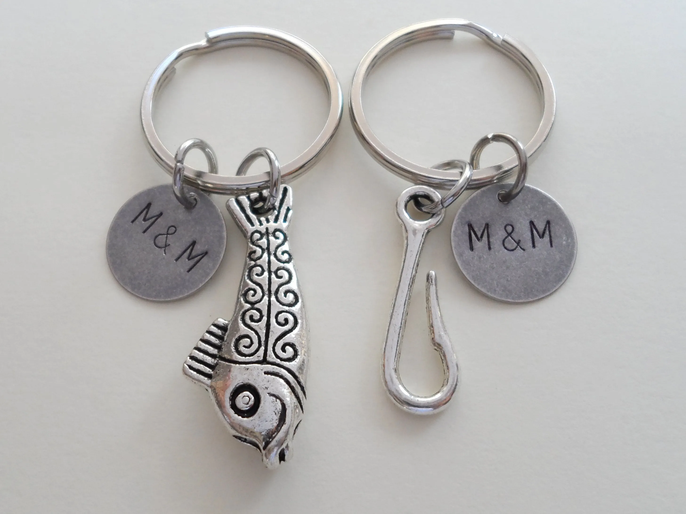 Toggle Fish and Hook Keychain Set Custom Engraved - A Great Catch, I'm Hooked on You; Couples Keychain Set