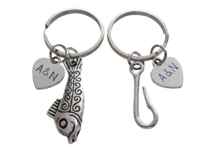 Toggle Fish and Hook Keychain Set Custom Engraved - A Great Catch, I'm Hooked on You; Couples Keychain Set