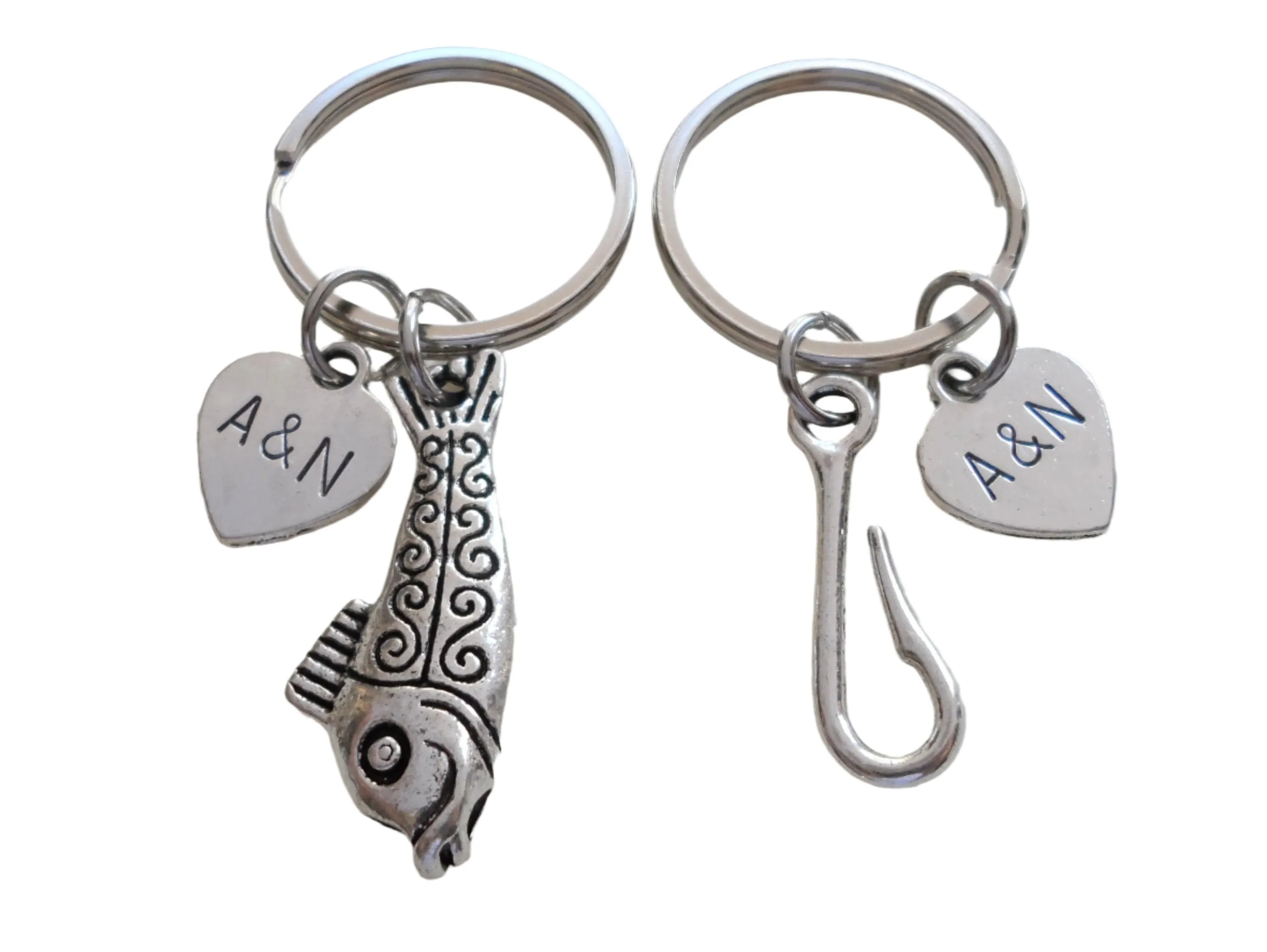 Toggle Fish and Hook Keychain Set Custom Engraved - A Great Catch, I'm Hooked on You; Couples Keychain Set