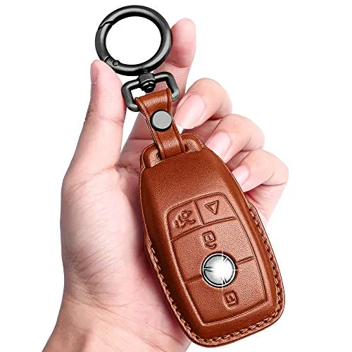 Tukellen for Mercedes Benz Key fob Cover Genuine Leather with Keychain,Leather Protector Key case Compatible Mercedes Benz 2017-2021 E-Class 2018-2021 S-Class 2019-2021 A-Class C-Class G-Class-Brown
