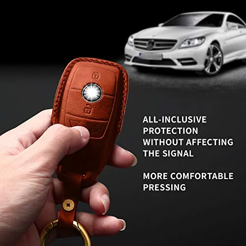 Tukellen for Mercedes Benz Key fob Cover Genuine Leather with Keychain,Leather Protector Key case Compatible Mercedes Benz 2017-2021 E-Class 2018-2021 S-Class 2019-2021 A-Class C-Class G-Class-Brown