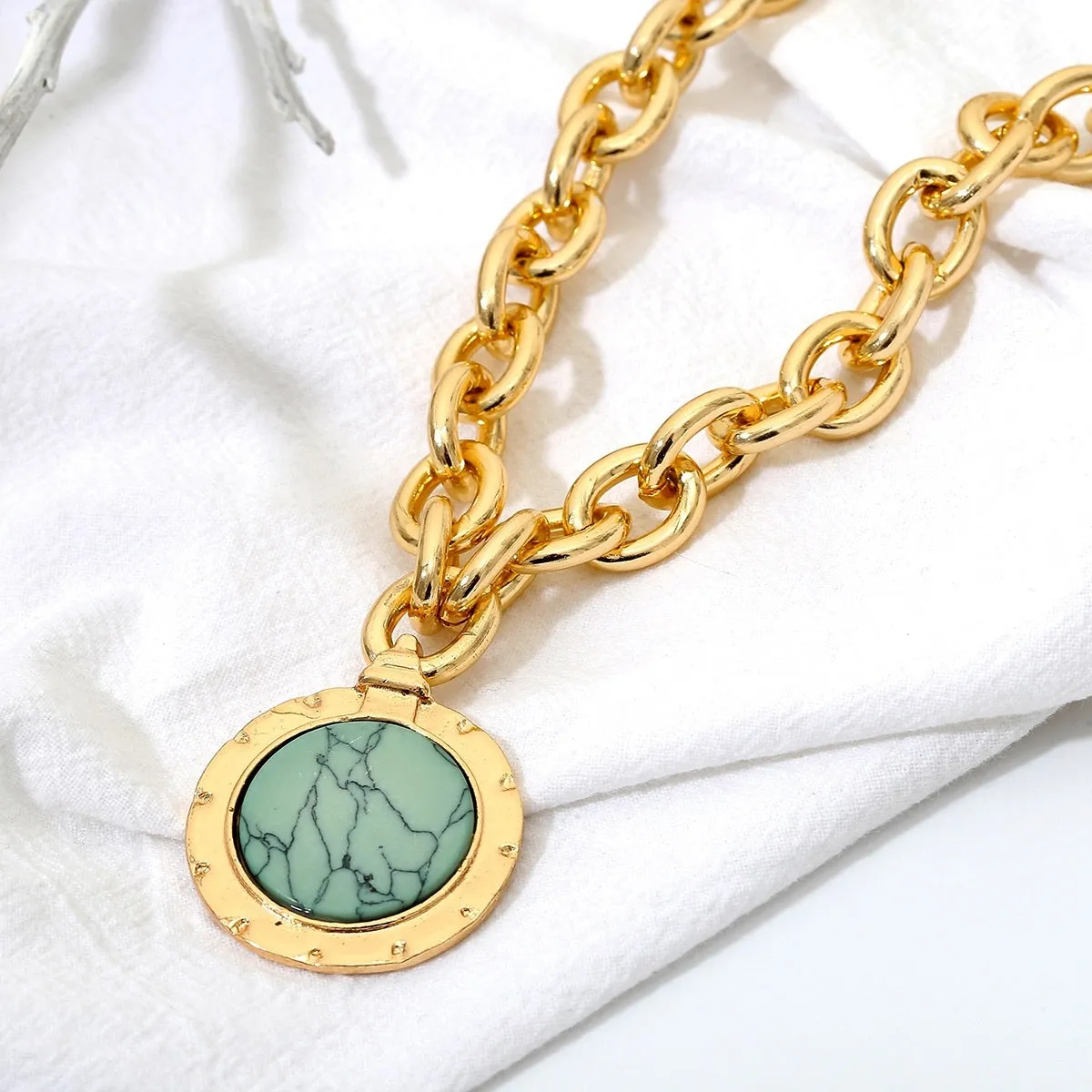 Turquoise & 18K Gold-Plated Round Pendant Necklace