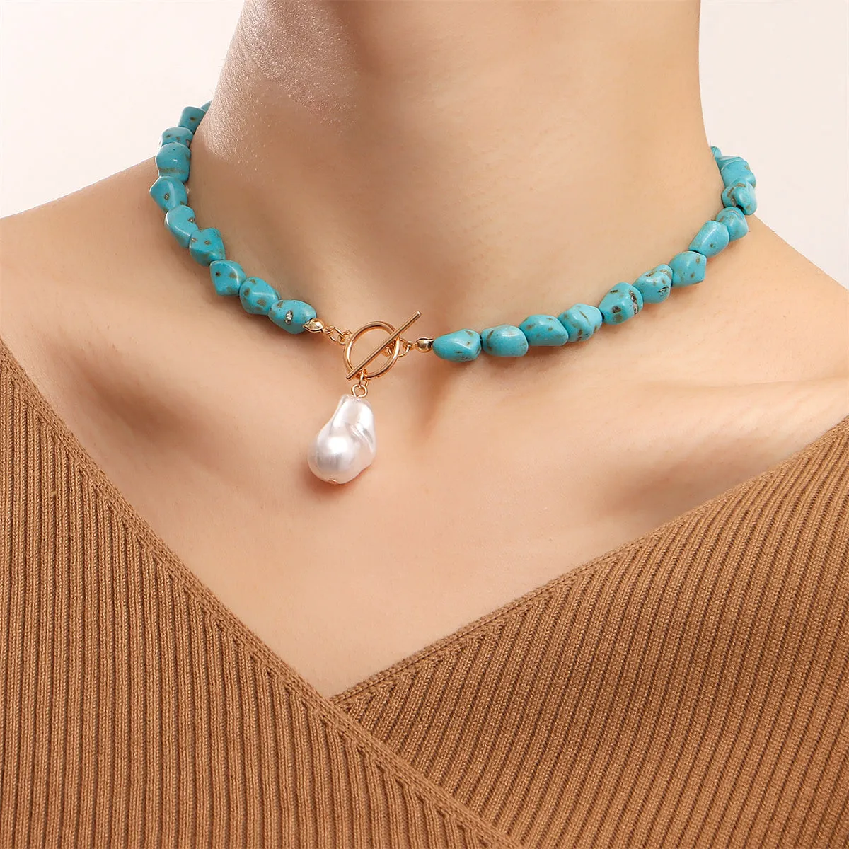 Turquoise & Pearl 18K Gold-Plated Toggle Pendant Necklace
