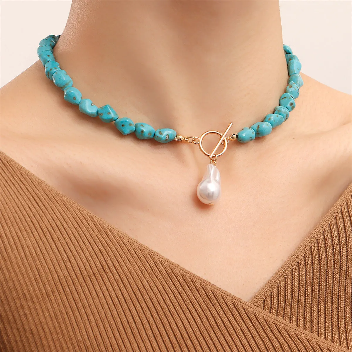 Turquoise & Pearl 18K Gold-Plated Toggle Pendant Necklace