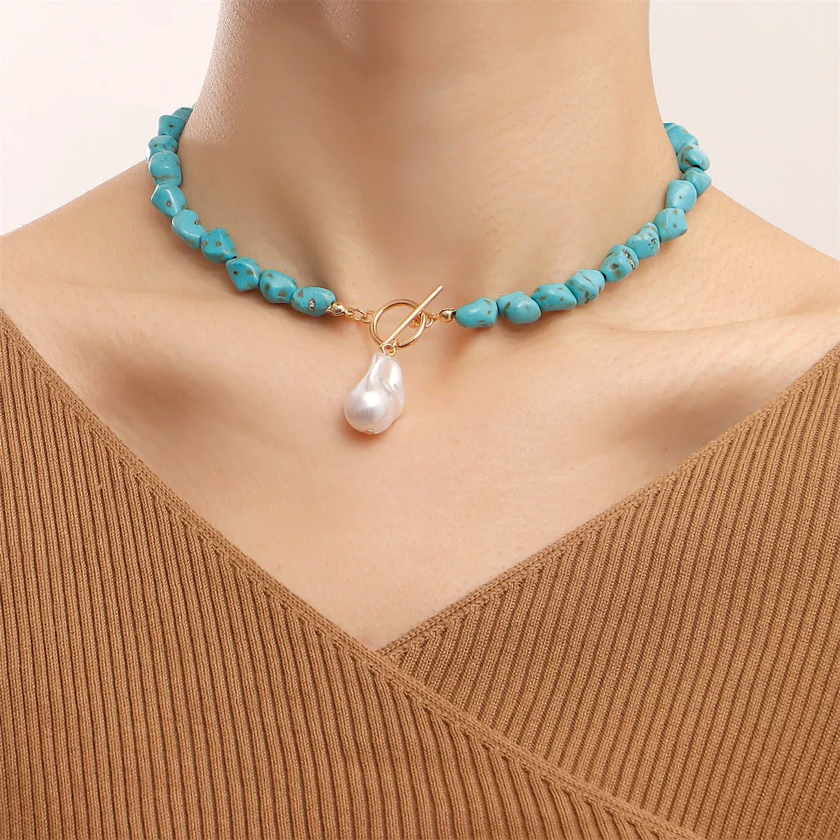 Turquoise & Pearl 18K Gold-Plated Toggle Pendant Necklace