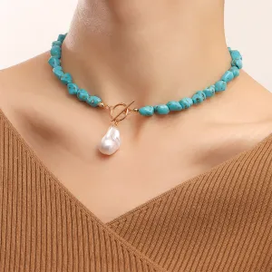 Turquoise & Pearl 18K Gold-Plated Toggle Pendant Necklace