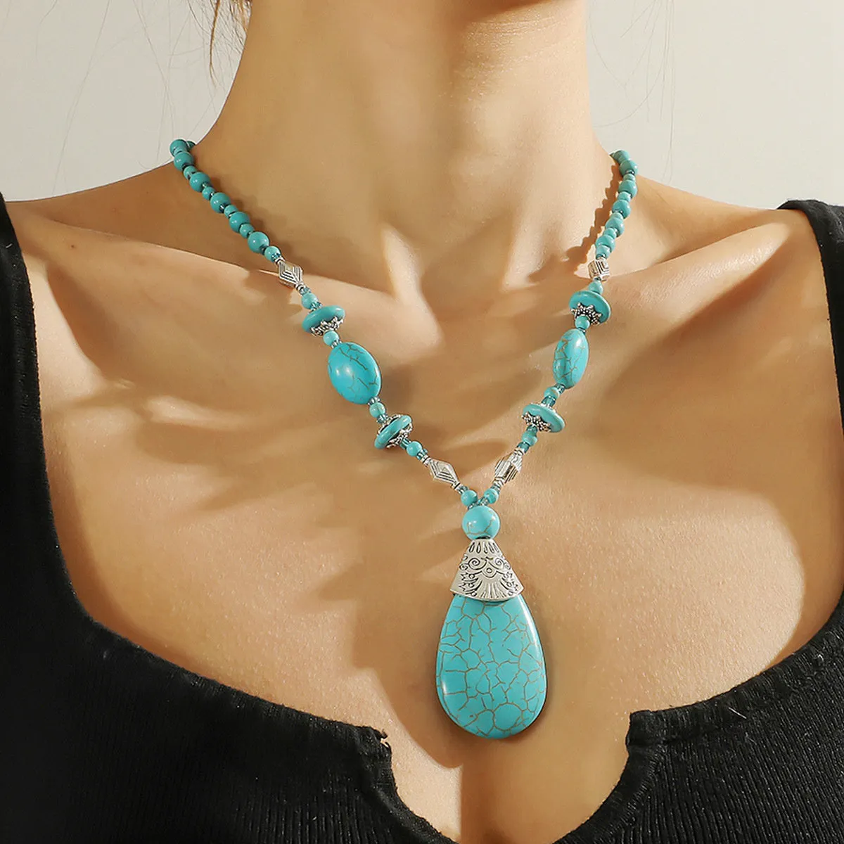Turquoise & Silver-Plated Drop Pendant Necklace