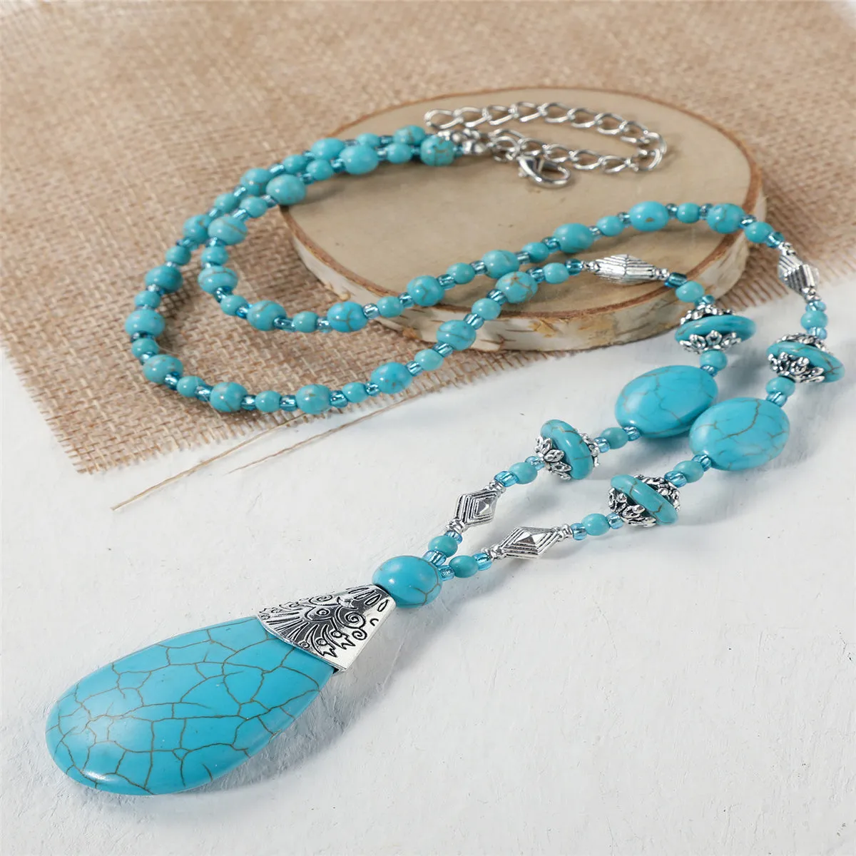 Turquoise & Silver-Plated Drop Pendant Necklace