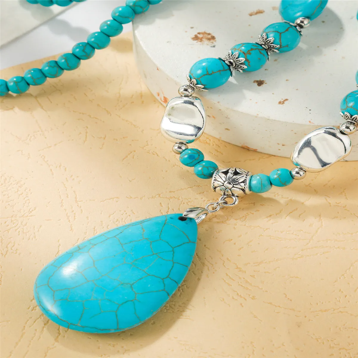 Turquoise & Silver-Plated Drop Pendant Necklace
